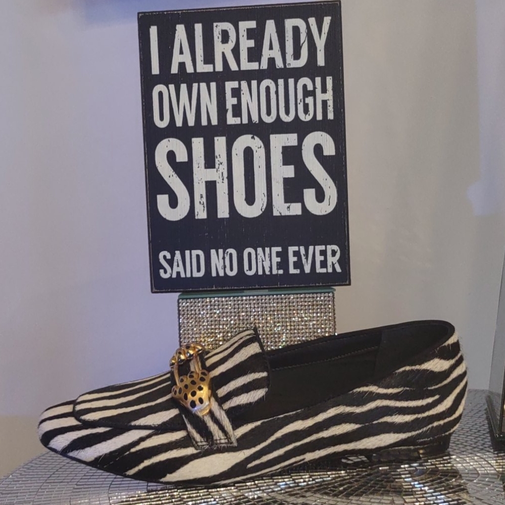 Schutz Zebra Animal Loafer Dylan Gold Paw Panther 6 Womens shoes new black white - Picture 11 of 11